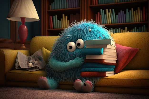 Monstro fofo aconchegando-se com uma pilha de livros no sofá aconchegante em uma sala aconchegante e convidativa
