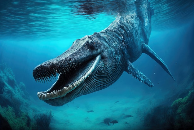 Monstro marinho abre a boca com dentes fantasia criatura subaquática generativa AI