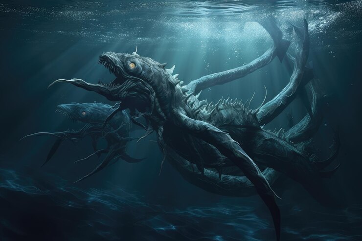 Foto monstro marinho nadando pelas profundezas do oceano, seu longo corpo ondulando na água