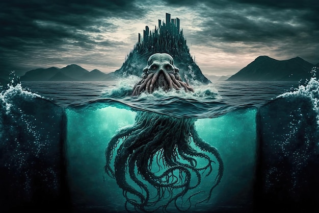 Monstro misterioso Cthulhu no mar, enormes tentáculos saindo da paisagem aquática ilustração 3d