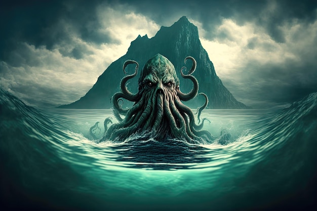 Monstro misterioso Cthulhu no mar, enormes tentáculos saindo da paisagem aquática ilustração 3d