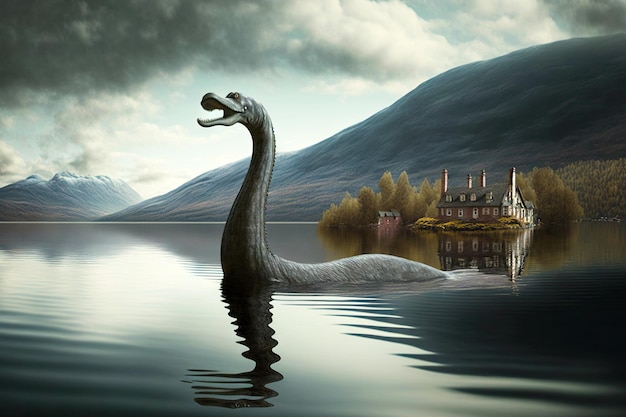 Monstro mítico do Lago Ness emergindo da água contra o fundo do castelo