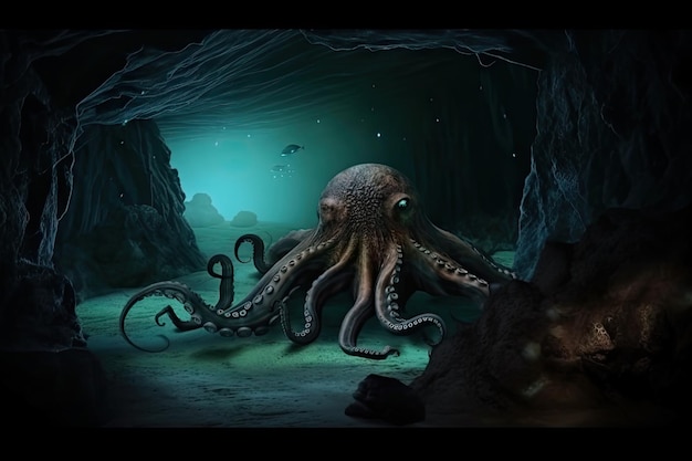 Monstro polvo kraken rastejando pela caverna subaquática escura escondida da vista