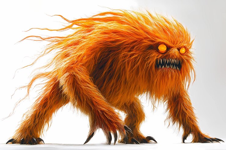 Foto monstro super peludo com dentes grandes e afiados em fundo branco ilustração 3d