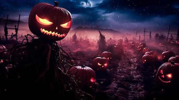 monstros com cabeça de abóbora e conceito de Halloween em noite chuvosa gerado por IA