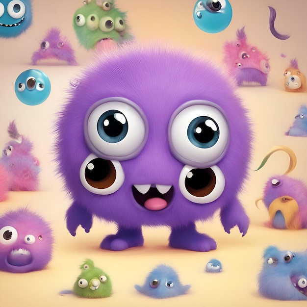 Monstros de desenhos animados engraçados com olhos e boca renderização 3D