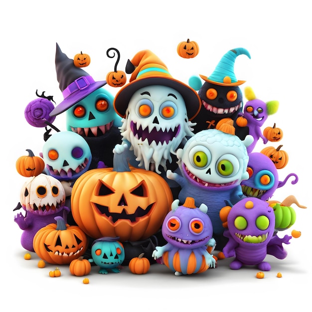 Monstros de Halloween 3D Clipart Dia de Halloween Feliz Composição de Dia de Halloween Clipart IA gerativa