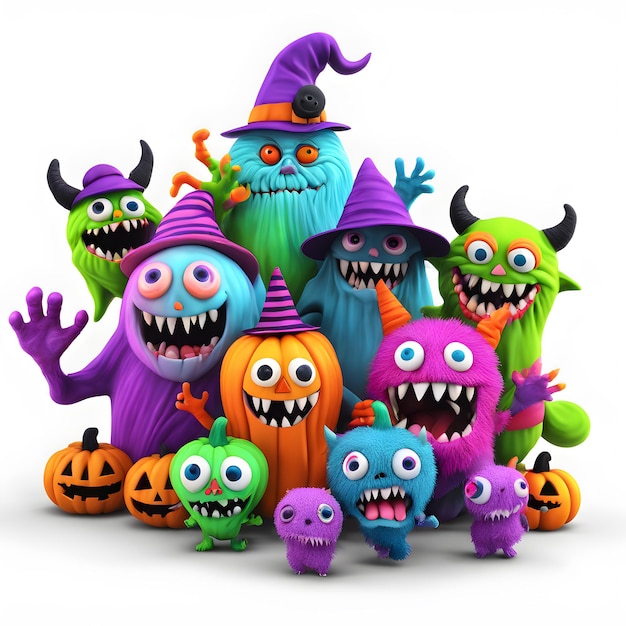 Monstros de Halloween 3D Clipart Dia de Halloween Feliz Composição de Dia de Halloween Clipart IA gerativa