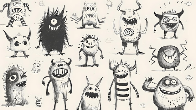 Monstros Linha engraçada desenhada à mão alienígenas para páginas de coloração Ilustração plana