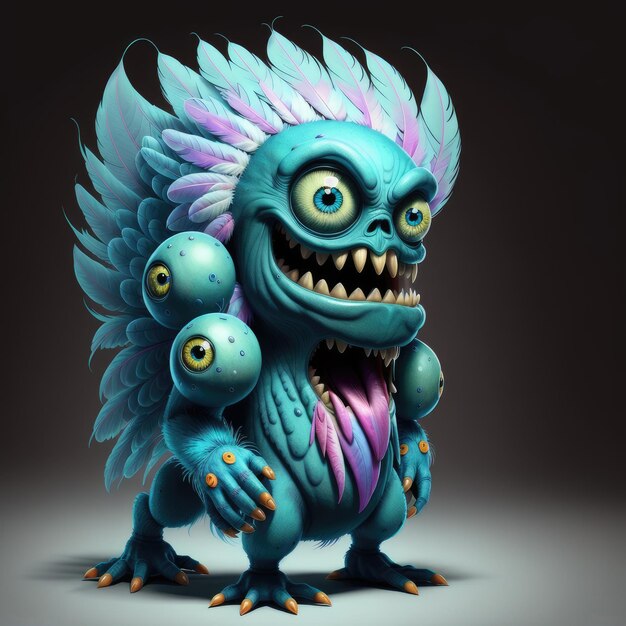 Un monstruo azul con cabeza morada y ojos azules está parado en un cuarto oscuro.