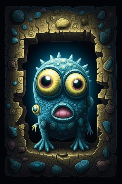 Un monstruo azul con cara verde y ojos amarillos está en un marco con las palabras "scooby doo".