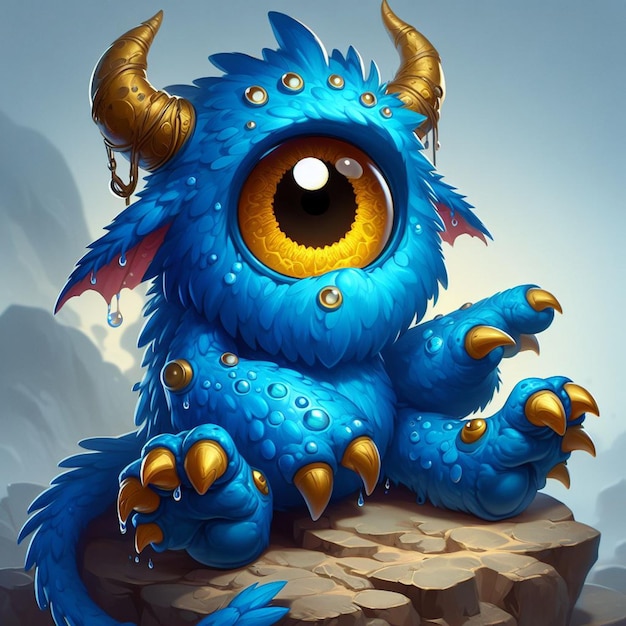 Foto un monstruo azul con cuernos y cuernos tiene un monstruo blue en la parte superior