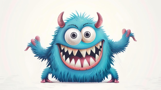 Foto un monstruo azul lindo y acurrucado con grandes ojos y una sonrisa dentada tiene dos cuernos en la cabeza y está cubierto de pelaje suave
