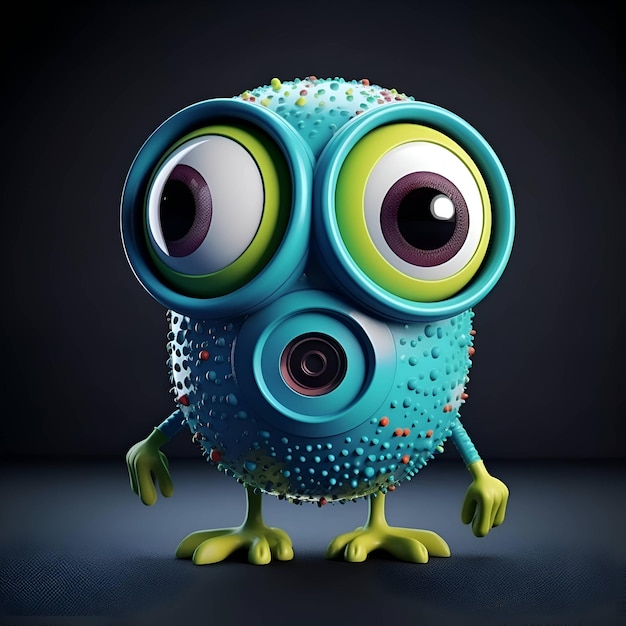 Monstruo azul lindo en fondo negro Ilustración en 3D Personaje de dibujos animados