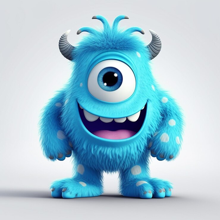Un monstruo azul con nariz blanca y ojos azules.