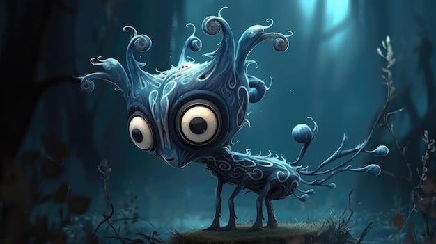 Un monstruo azul con ojos grandes está parado en un suelo cubierto de musgo.