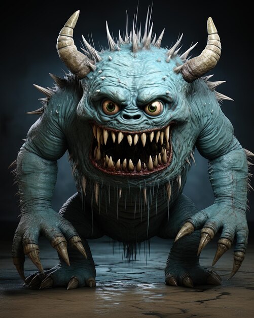 un monstruo con una cabeza azul y cuernos en el frente