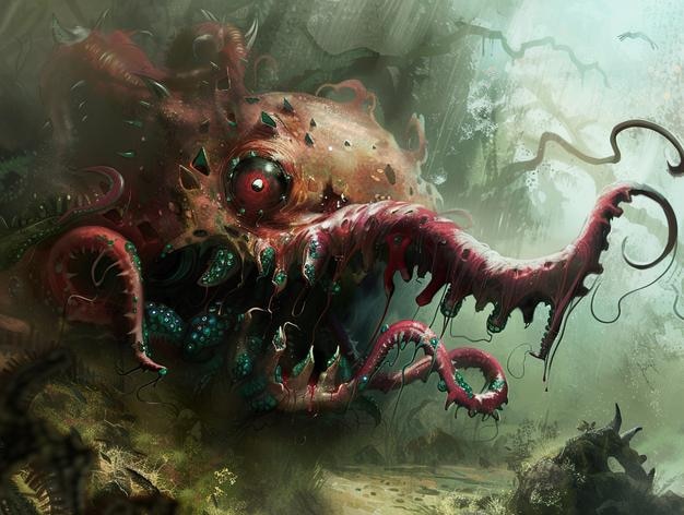 un monstruo con una cabeza roja y un gran ojo rojo