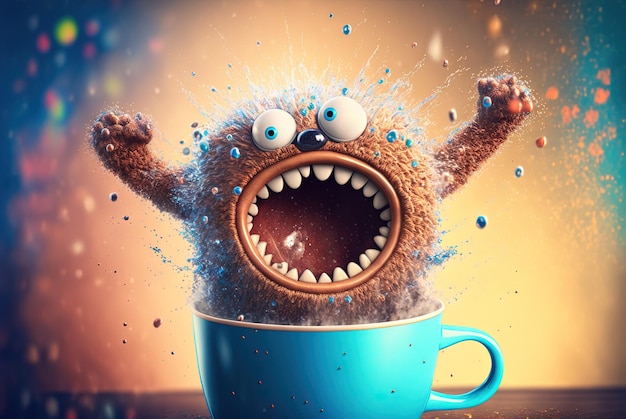 Monstruo de café con ojos locos Lindo personaje con energía de cafeína muy emocionado AI generado