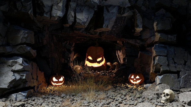 Monstruo de calabaza grande y aterrador en una cueva dentro de una montaña Representación 3d de Halloween