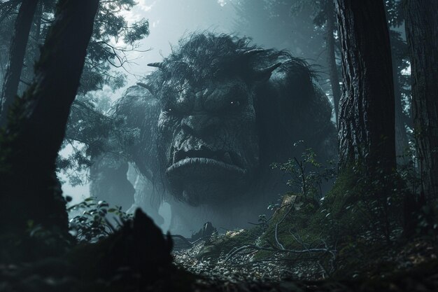un monstruo con una cara en el bosque