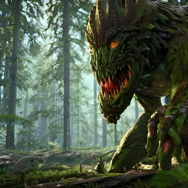Foto un monstruo con una cara verde y ojos naranjas está en un bosque.