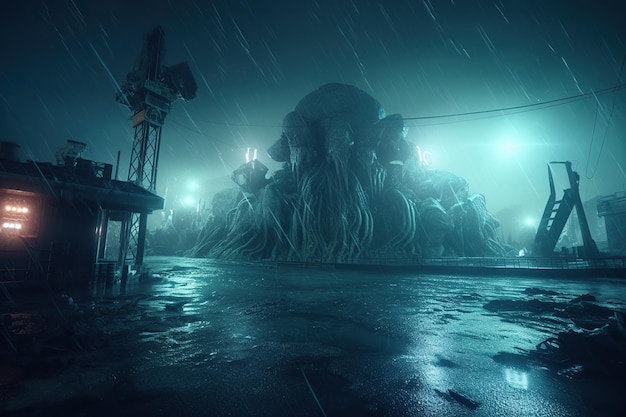 Monstruo Cthulhu atacó ciudad y barcos en el muelle del puerto Apocalipsis monstruo con tentáculos miedo horror