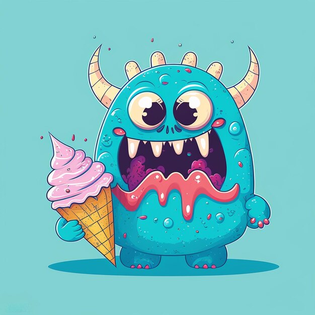 monstruo de dibujos animados con cono de helado y salpicaduras generativo ai