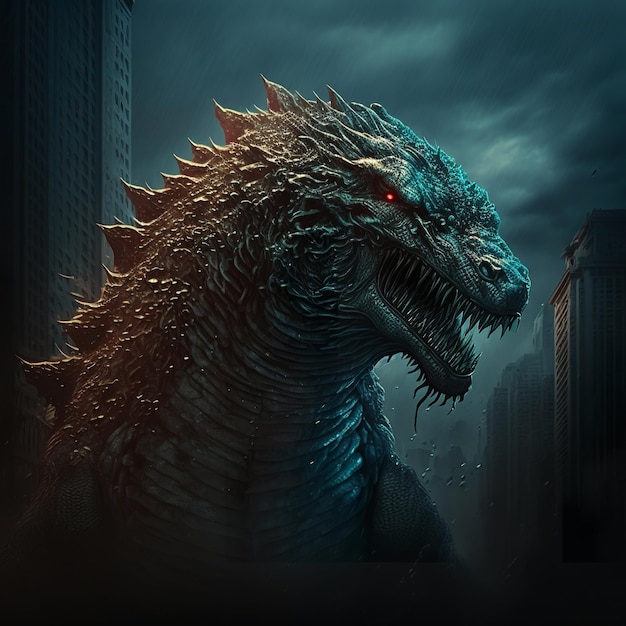 Un monstruo con un dragón azul en la cabeza está en medio de una ciudad.