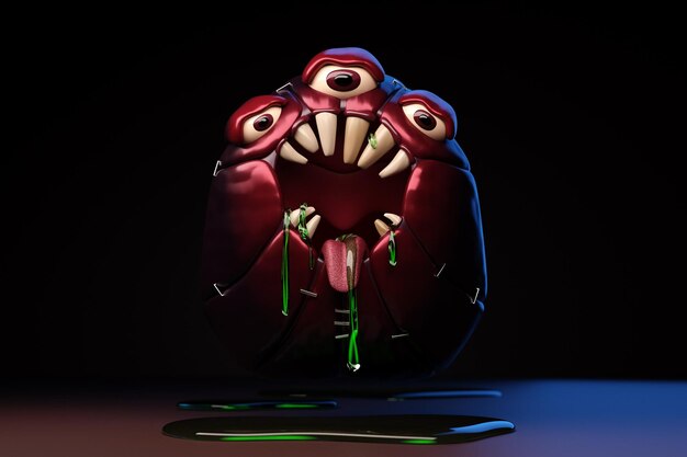 Monstruo espeluznante con tres ojos, una gran cantidad de colmillos, la saliva fluye sobre un fondo negro, representación 3D
