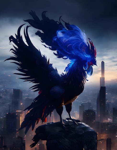 un monstruo de gallo con plumas de fuego azul en su cabeza en la parte superior de un edificio