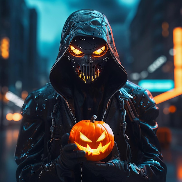 Monstruo de halloween de terror cyberpunk aterrador