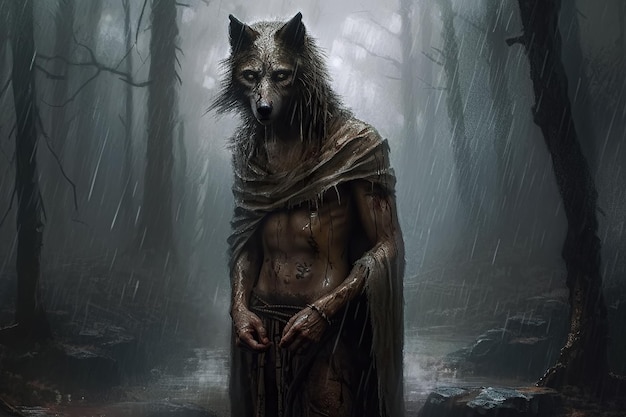 Monstruo de hombre lobo aterrador en la noche en el bosque Ilustración generativa de IA