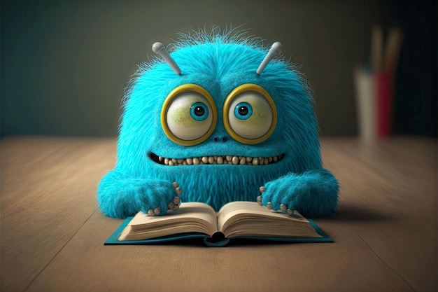 Monstruo lindo azul divertido lee libros sobre ai generativo de mesa