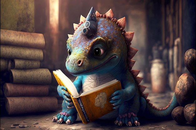 Monstruo lindo dinosaurio leal lee libros en un lugar extraño ai generativo