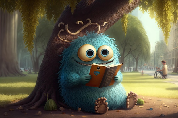 Monstruo lindo lee un libro debajo de un árbol en el parque