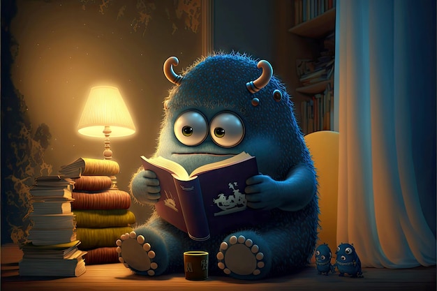 Monstruo lindo lee libros sentados por la noche en casa generativa ai