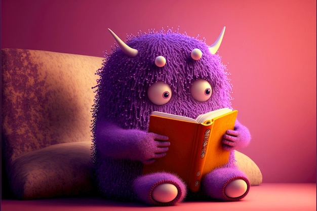 Monstruo lindo púrpura suave lee libros y descansa sobre fondo rojo generativo ai