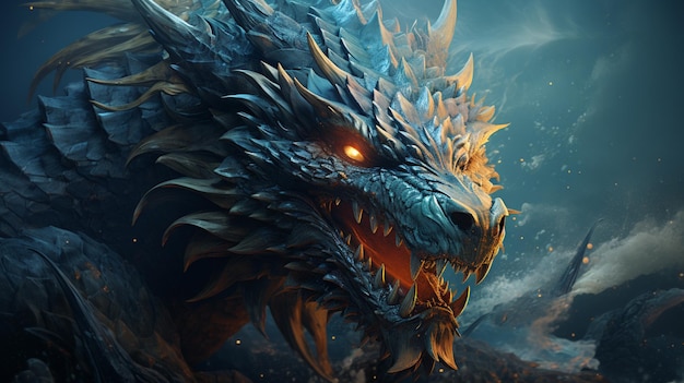 Monstruo del Mar del Dragón en el agua azul Dragón de fantasía azul en el océano Cabeza de un dragón de fantasía