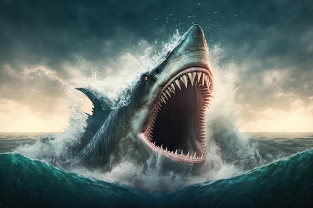 Un monstruo marino que emerge del océano con sus enormes fauces abriéndose para revelar filas de dientes afilados como navajas.
