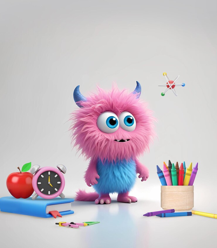 Monstruo peludo con despertador de libro y colores de lápiz de colores