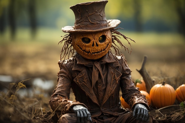 Foto monstruo de personaje de halloween en fondo de linterna naranja decoración de calabazas de halloween