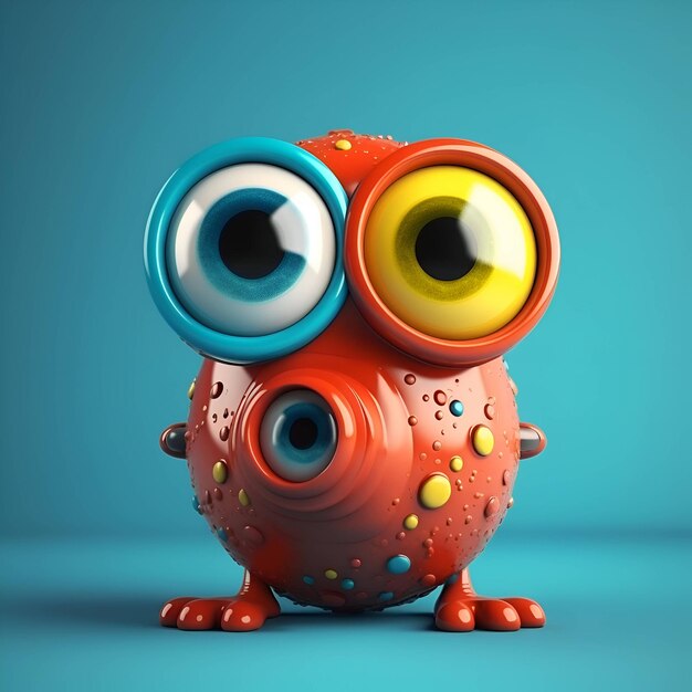 Monstruo rojo lindo con ojos grandes en fondo azul renderización 3D