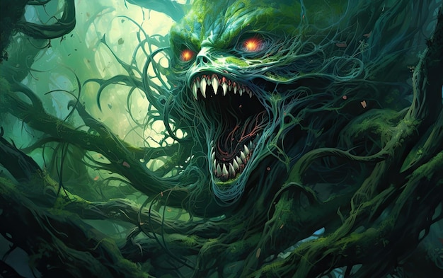 Un monstruo verde con ojos rojos y enredaderas.
