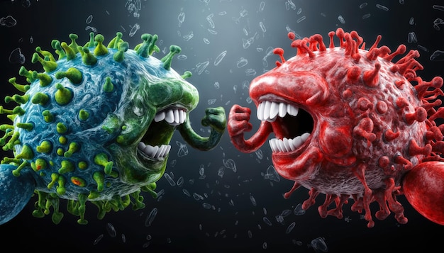 Monstruos de dibujos animados divertidos luchando entre sí El concepto de la lucha contra el virus