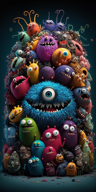 Los monstruos están por todas partes en la parte superior de una pila colorida generativa ai