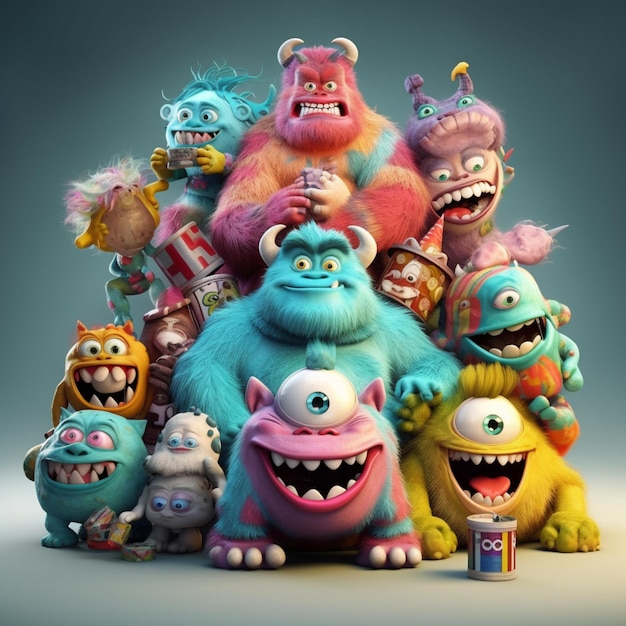 Foto los monstruos están todos juntos en un grupo con un ai generativo de fondo azul.