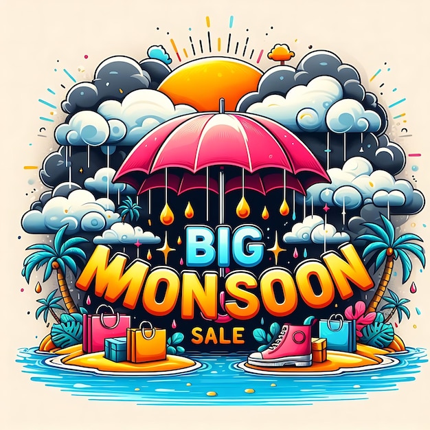 Foto monsun-saison-verkauf hintergrund mit regen und regenschirm und modell