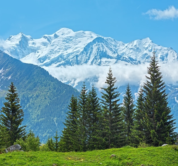 Mont Blanc-Bergmassiv (Chamonix-Tal, Frankreich, Blick vom Stadtrand von Plaine Joux).