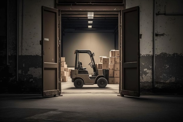 Un montacargas está estacionado en un almacén con una pila de cajas en el piso.